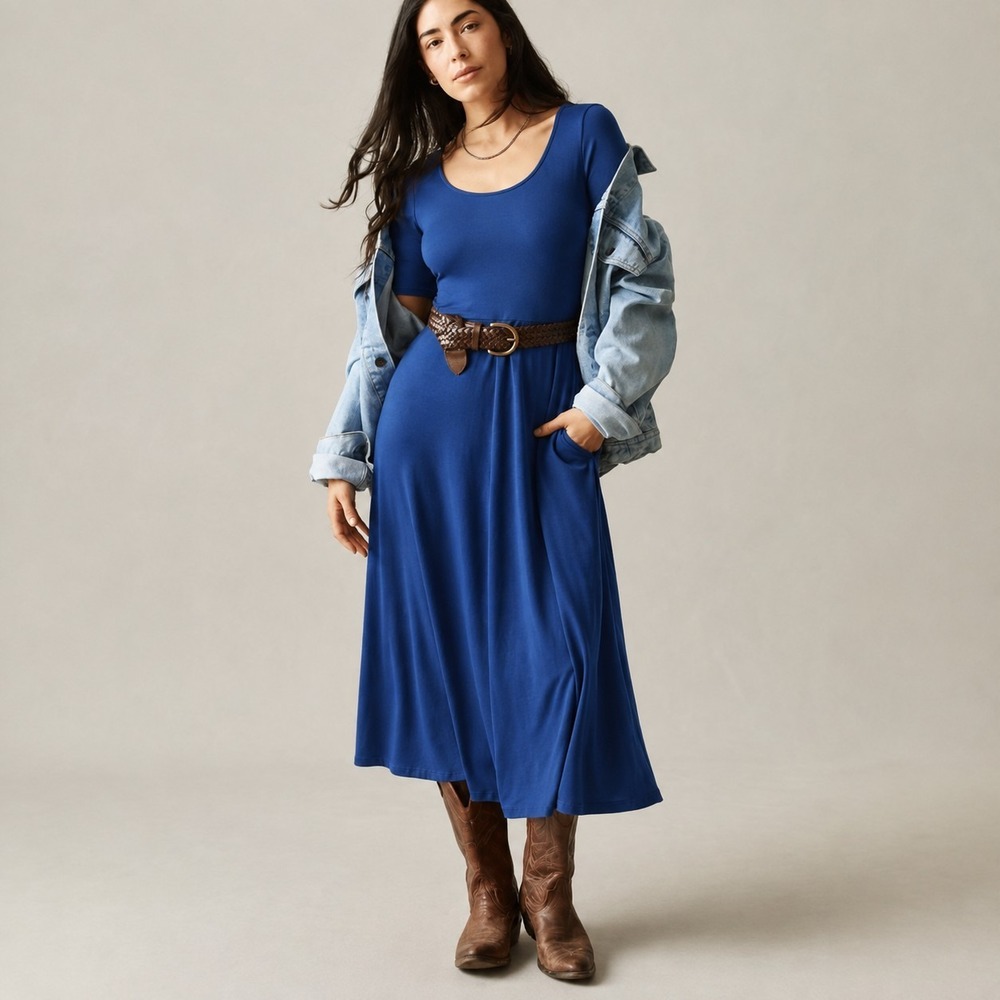 American Giant Short Sleeve Flex Midi Dress XS Estate Blue Tencel Casual Chic